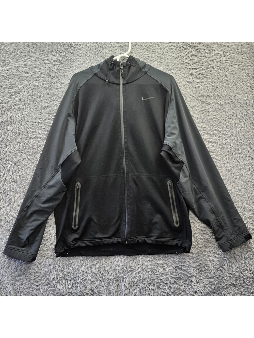Nike Men's XL Hooded Running Jacket Black Full Zip Stretch 480147-010 *Cuffs